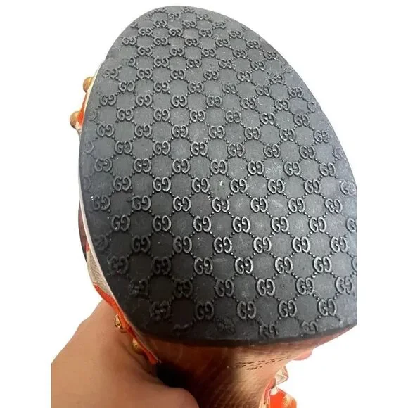 Gucci Orange Crane Wood Block Heels Sandals Sz. 8 - Picture 6 of 13